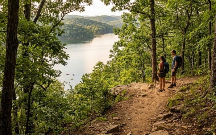 Hikers overlooking wooded Monroe Lake in Southern Indiana