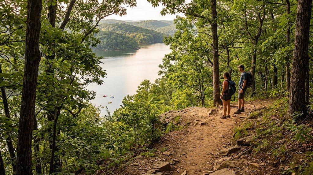Hikers overlooking wooded Monroe Lake in Southern Indiana