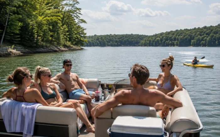 Group of friends enjoying a summer boating day on Monroe Lake