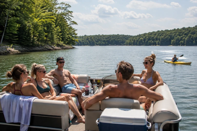 Group of friends enjoying a summer boating day on Monroe Lake