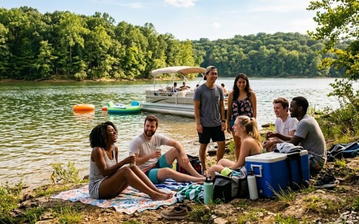 Group of friends enjoying a summer weekend near Monroe Lake