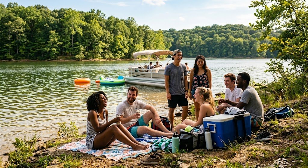 Group of friends enjoying a summer weekend near Monroe Lake