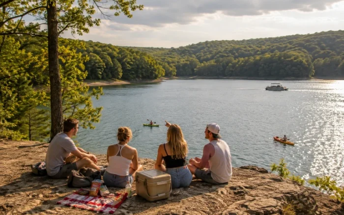 Friends enjoying outdoor recreation near Monroe Lake in Southern Indiana