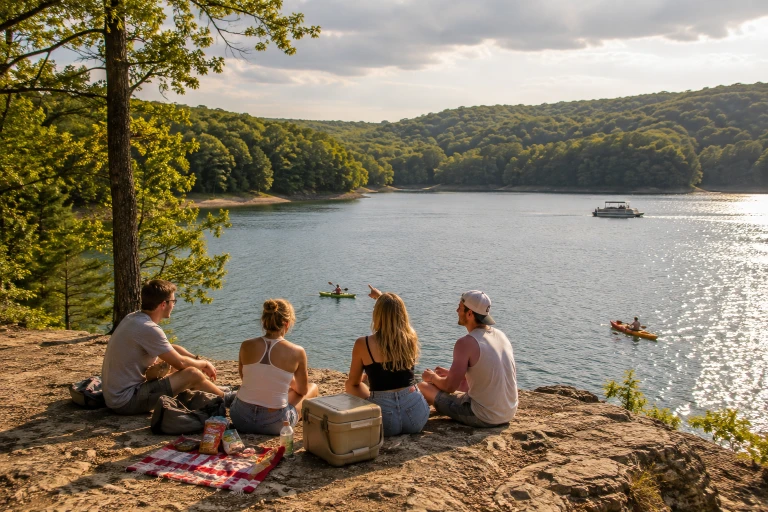 Friends enjoying outdoor recreation near Monroe Lake in Southern Indiana