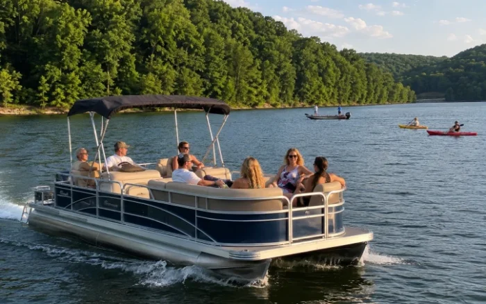 Recreational pontoon boating on wooded Monroe Lake near Bloomington, Indiana