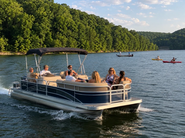 Recreational pontoon boating on wooded Monroe Lake near Bloomington, Indiana