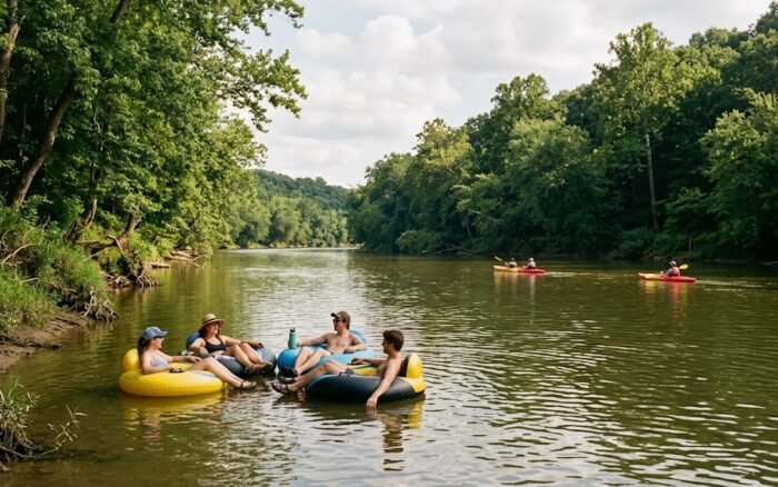 Summer water recreation near Bloomington with tubes and kayaks