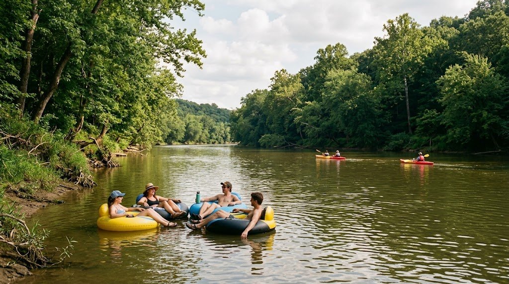 Summer water recreation near Bloomington with tubes and kayaks