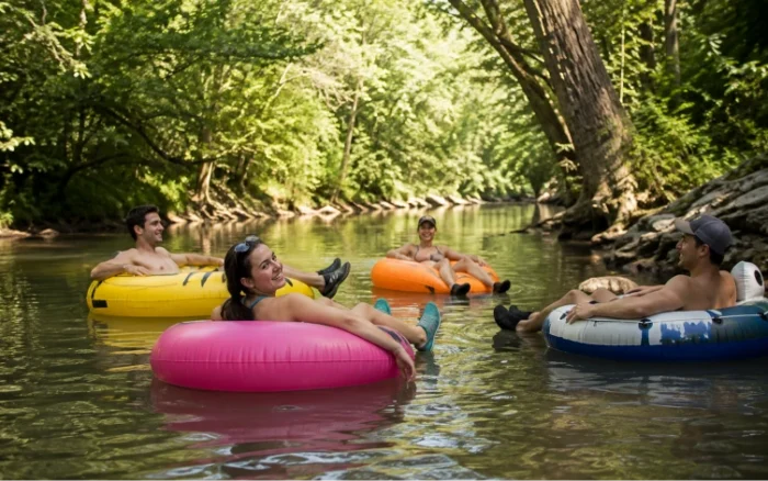 Relaxed river tubing on a tree-lined Southern Indiana creek