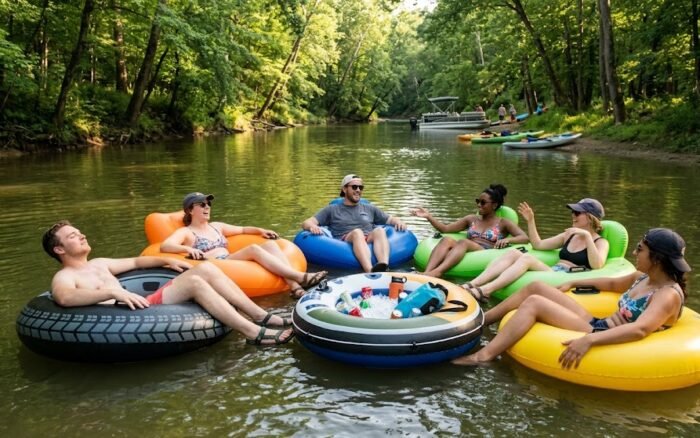 Friends enjoying a Salt Creek float during summer in Bloomington, Indiana