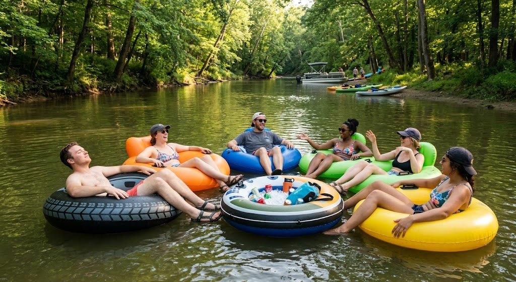 Friends enjoying a Salt Creek float during summer in Bloomington, Indiana