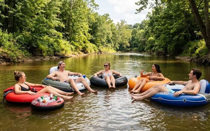 Friends floating in tubes on a wooded creek near Bloomington, Indiana