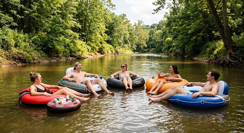 Friends floating in tubes on a wooded creek near Bloomington, Indiana