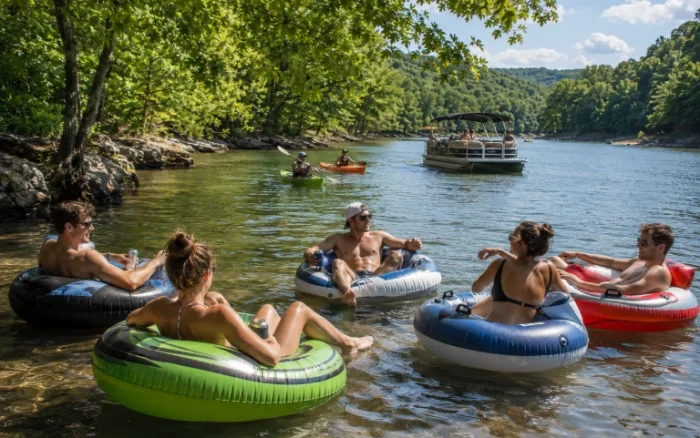 Friends enjoying tubing, boating and paddling near Bloomington, Indiana