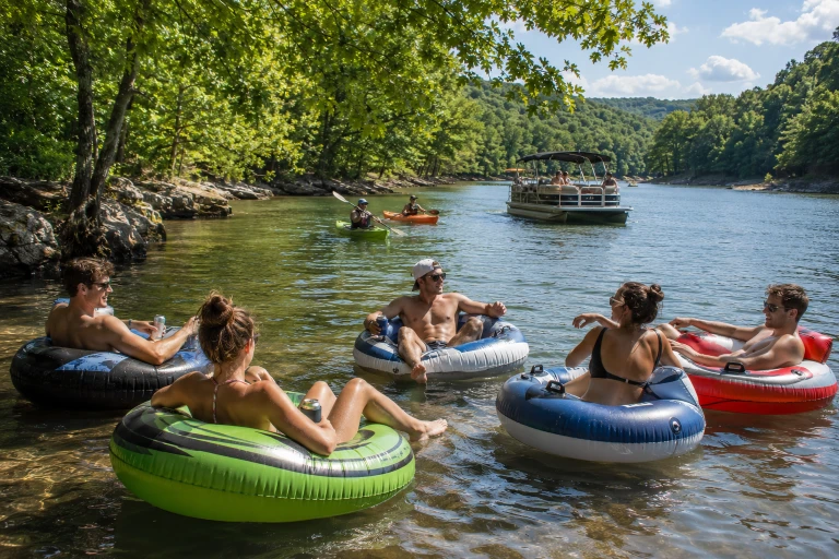 Friends enjoying tubing, boating and paddling near Bloomington, Indiana