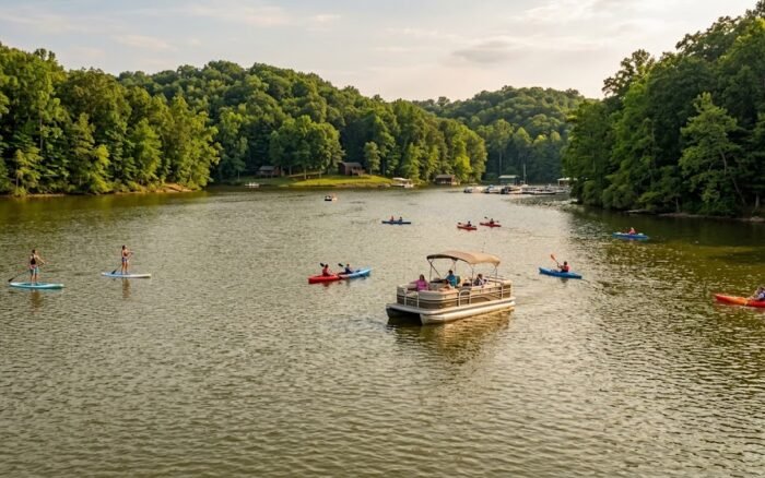 Boating and paddling on Monroe Lake near Bloomington, Indiana