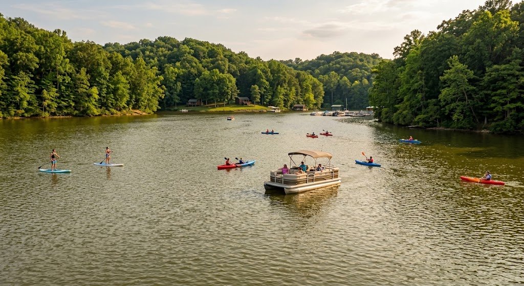 Boating and paddling on Monroe Lake near Bloomington, Indiana