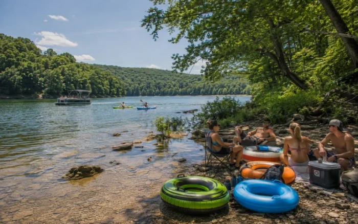 Friends enjoying summer outdoor recreation near Bloomington, Indiana