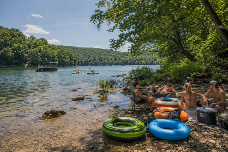 Friends enjoying summer outdoor recreation near Bloomington, Indiana