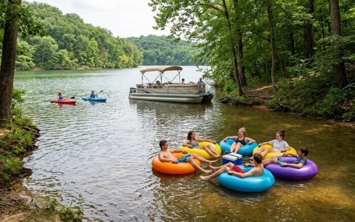 Pontoon, kayaks and tubing representing water activities near Bloomington, Indiana