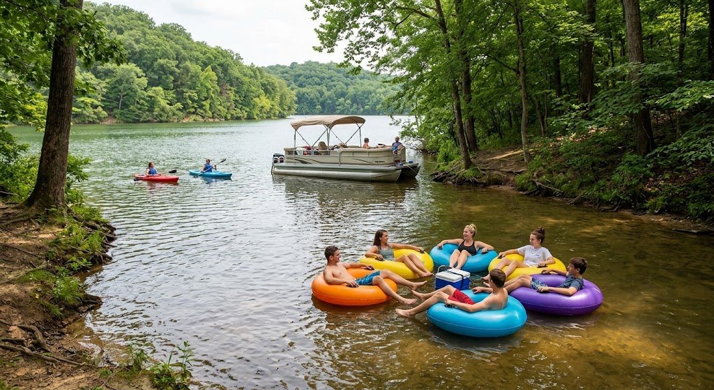 Pontoon, kayaks and tubing representing water activities near Bloomington, Indiana