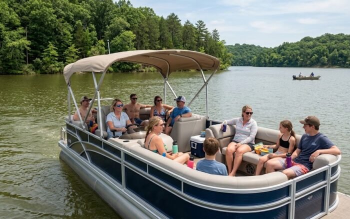 Recreational pontoon boating on Monroe Lake near Bloomington, Indiana
