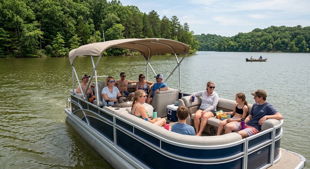 Recreational pontoon boating on Monroe Lake near Bloomington, Indiana