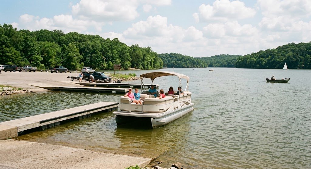 Pontoon leaving a public boat ramp on Monroe Lake in Southern Indiana