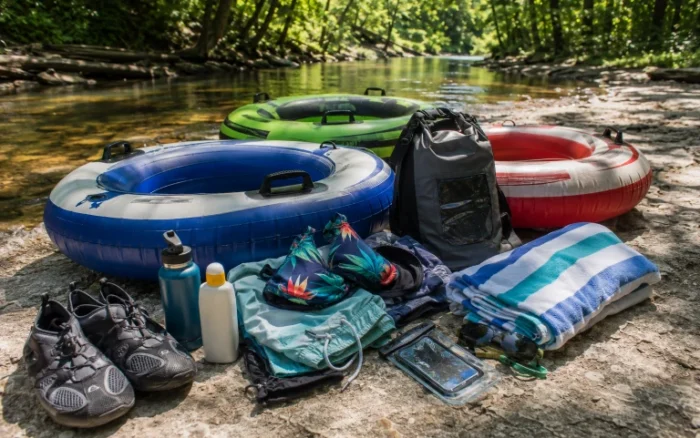 River tubing packing essentials beside colorful tubes and a wooded creek