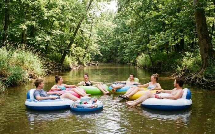 Friends floating Salt Creek on tubes near Bloomington, Indiana
