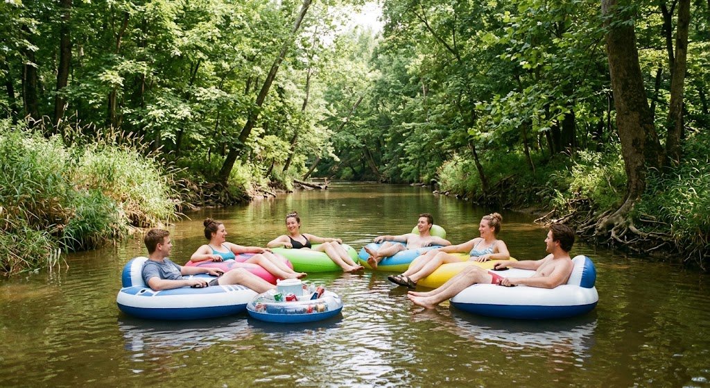 Friends floating Salt Creek on tubes near Bloomington, Indiana