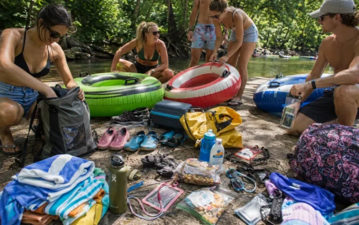 River tubing essentials arranged beside inflatable tubes near a wooded creek