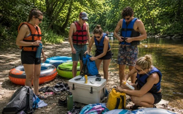 Guests preparing with tubes and life jackets before a Salt Creek float