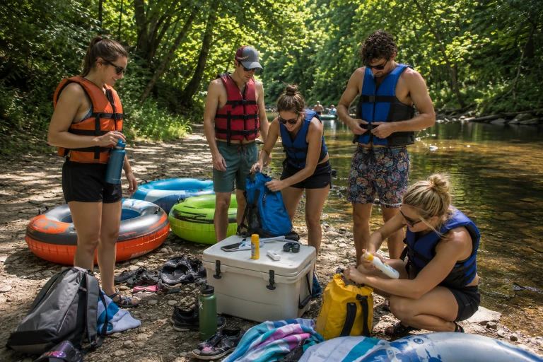 Guests preparing with tubes and life jackets before a Salt Creek float