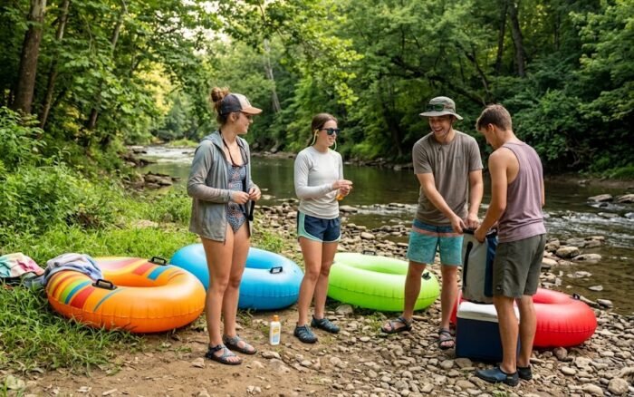 Friends dressed appropriately for a summer river tubing trip