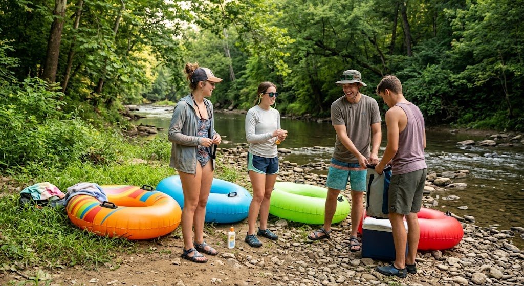 Friends dressed appropriately for a summer river tubing trip