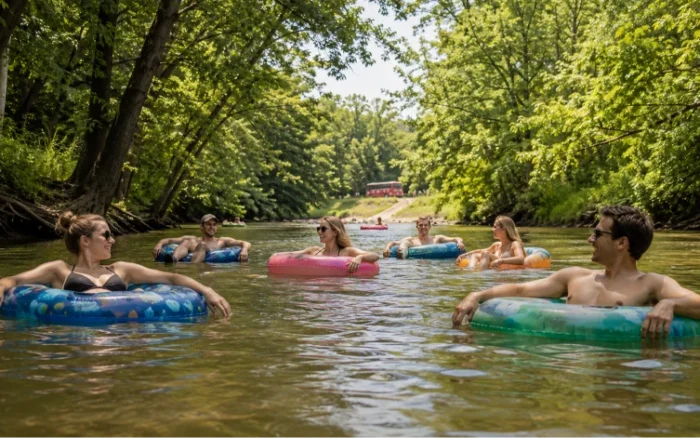 Tubers floating through a wooded stretch of Salt Creek near Bloomington