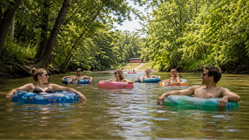 Tubers floating through a wooded stretch of Salt Creek near Bloomington